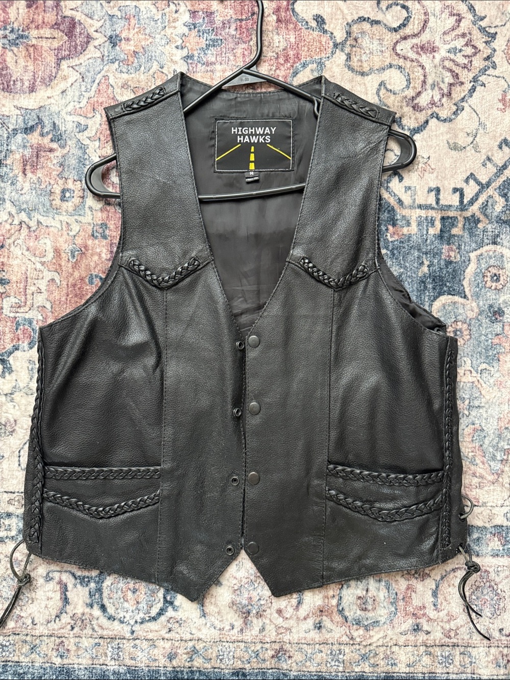 Men's Black Leather Braid-Trim Vest